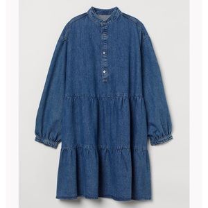 H&M DENIM RUFFLE TIERED TUNIC DRESS BALLOON SLEEVES SIZE SMALL NWT